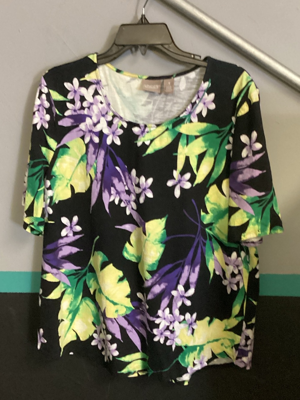 Chico's Black Short-Sleeve Scoop Neck Top with Purple & Green Floral Print